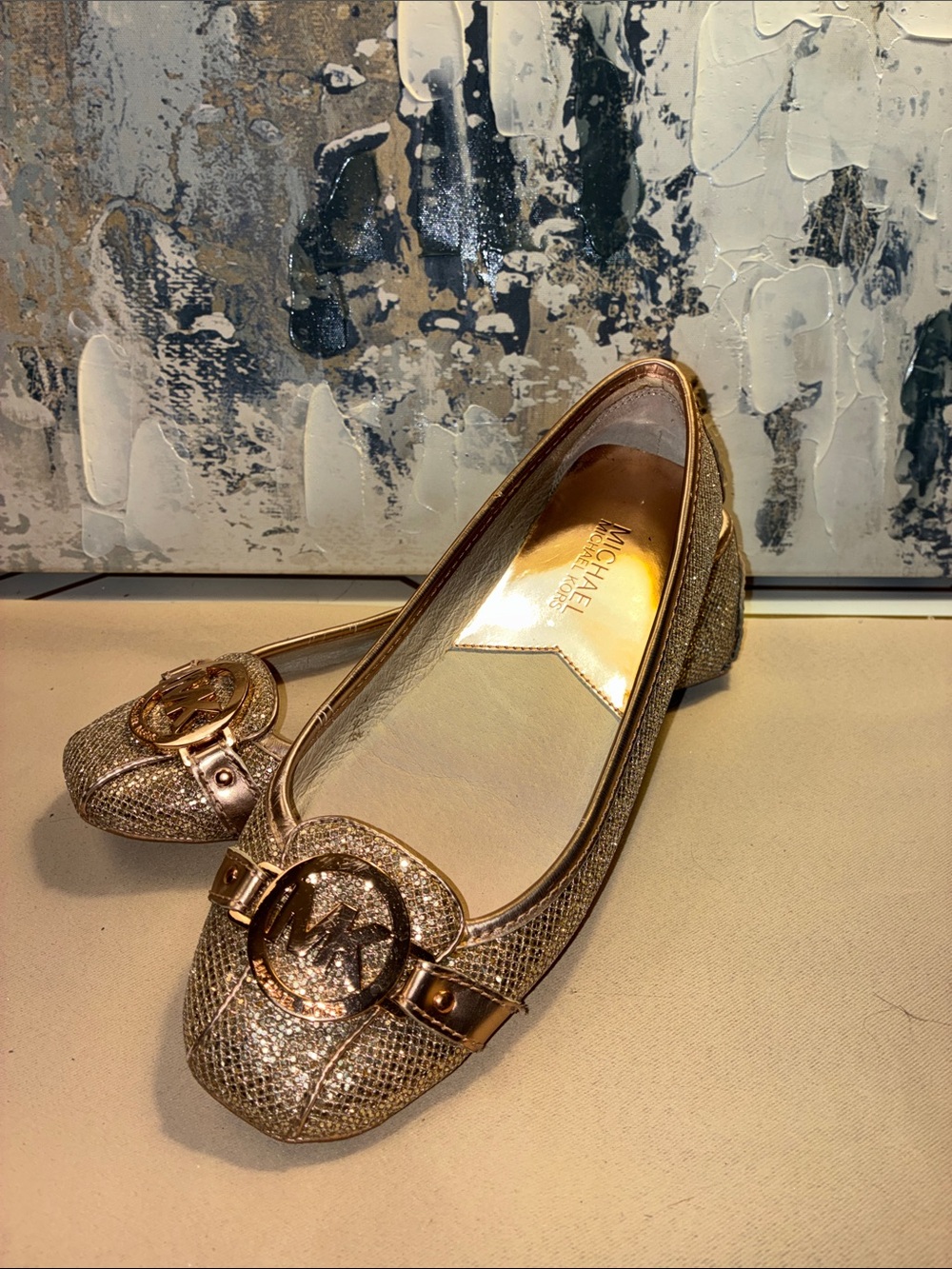 Genuine Michael Kors Metallic Gold Logo Ballet Flats Like NEW Size 6.5